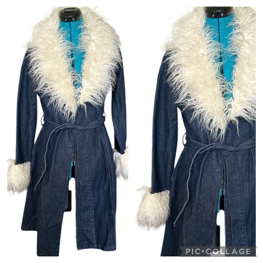Altar'd State NWT Blue and White Trench Jean Jacket with Faux Fur Trim Size Med